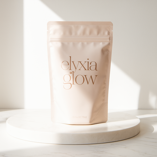 Elyxia Glow daily marine collagen powder in elegant packaging with scoop