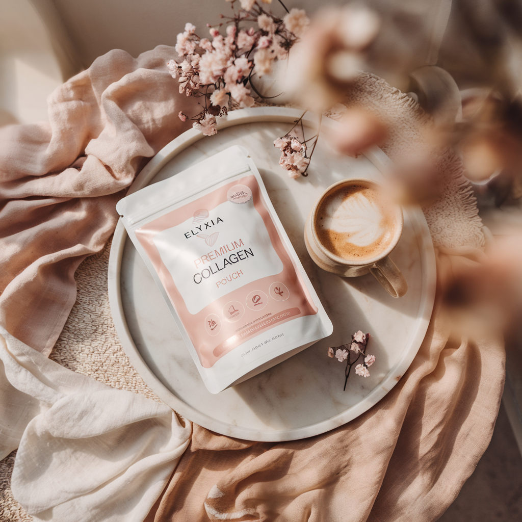 Elyxia Glow daily marine collagen powder in elegant packaging with scoop